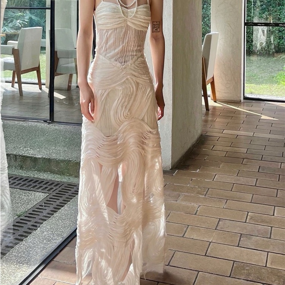 Cream Gold Maxi Gown with Spaghetti Straps